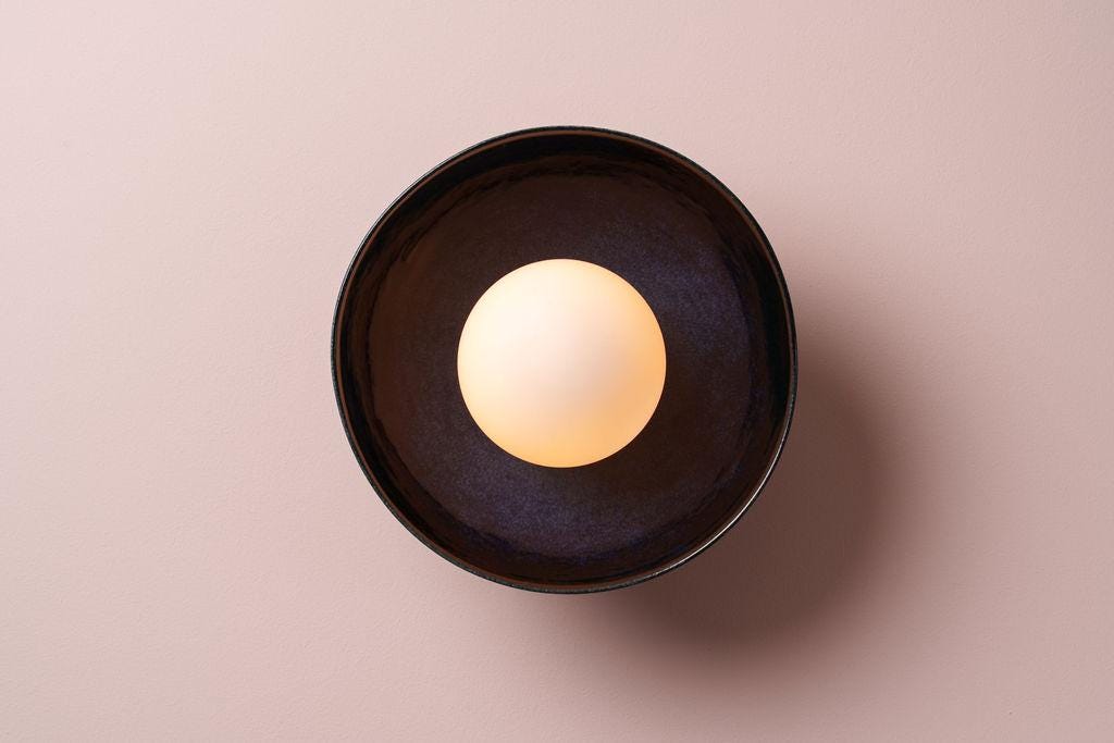 Blue Small Dawn Wall Light in Ceramic and Oak by StudioHaran
