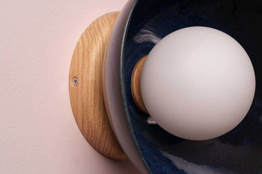 Blue Small Dawn Wall Light in Ceramic and Oak by StudioHaran