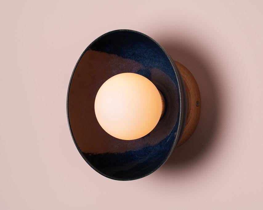 Blue Small Dawn Wall Light in Ceramic and Oak by StudioHaran