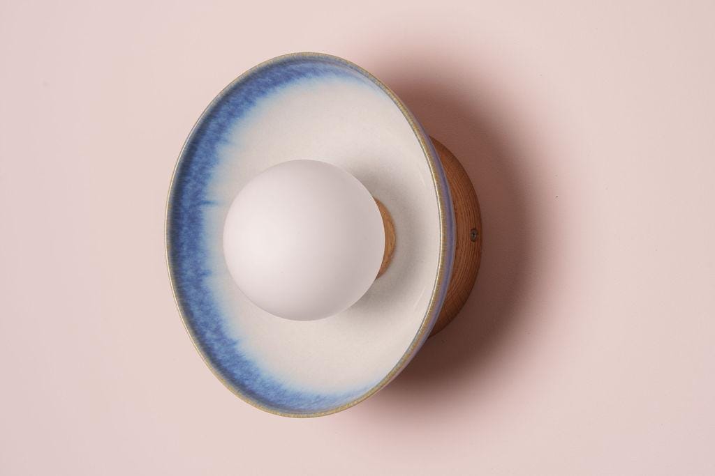 Blue and White Small Dawn Wall Light in Ceramic and Oak