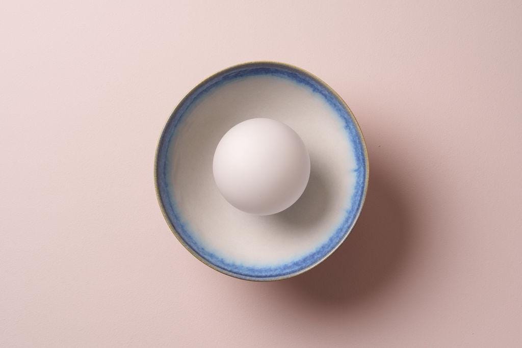 Blue and White Small Dawn Ceiling Light in Ceramic and Oak by StudioHaran