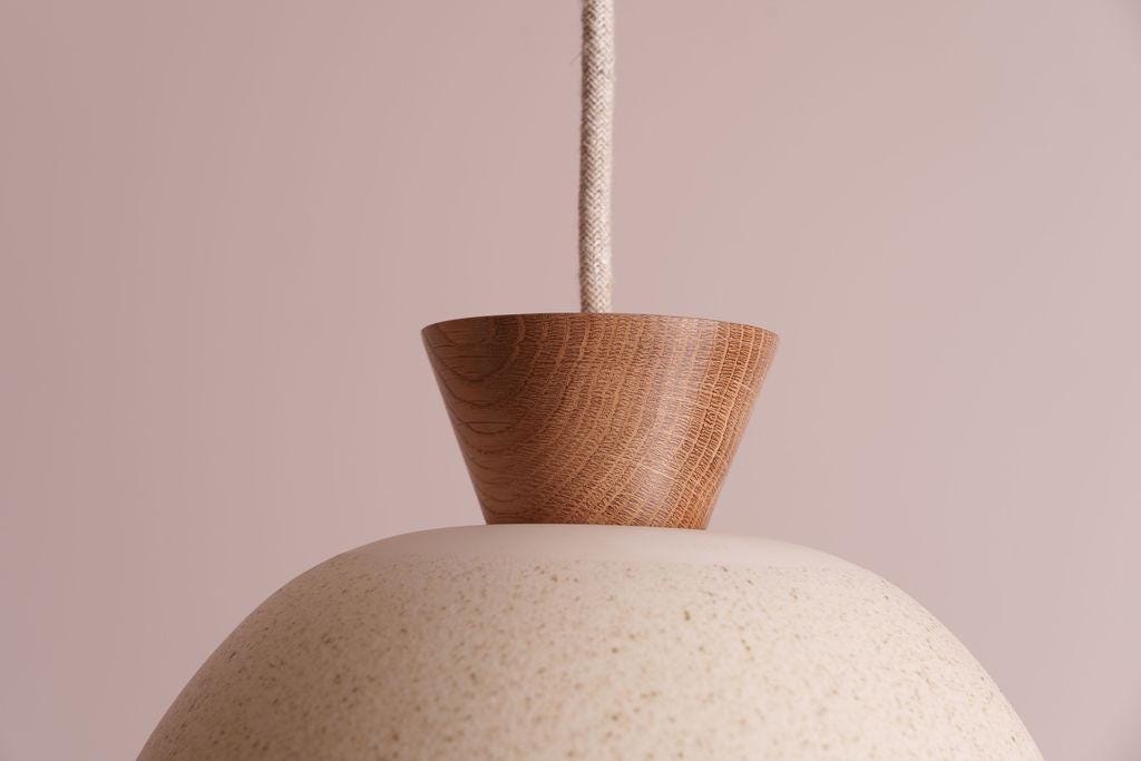 Speckled Cream Matt Small Dawn Pendant Light in Ceramic and Oak by StudioHaran