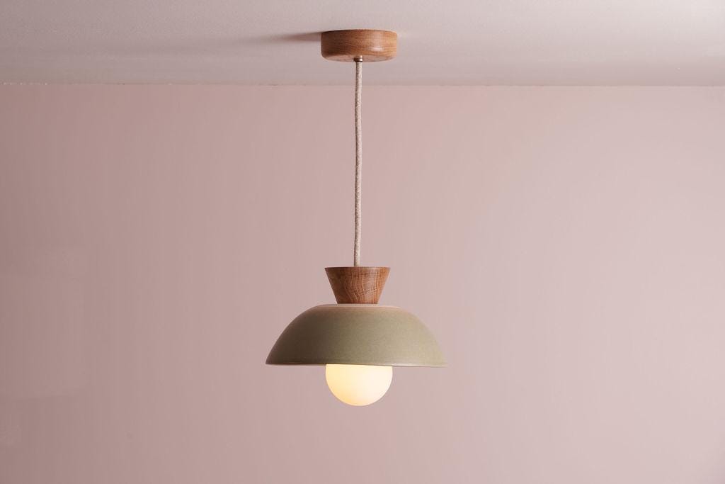 Green Small Dawn Pendant Light in Ceramic and Oak by StudioHaran