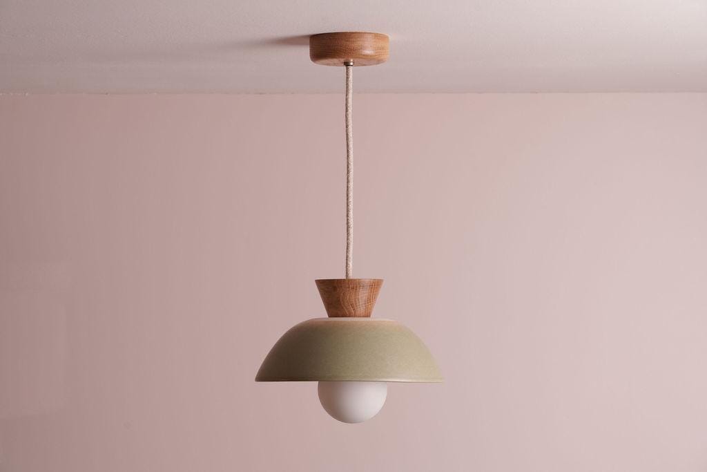 Green Small Dawn Pendant Light in Ceramic and Oak by StudioHaran
