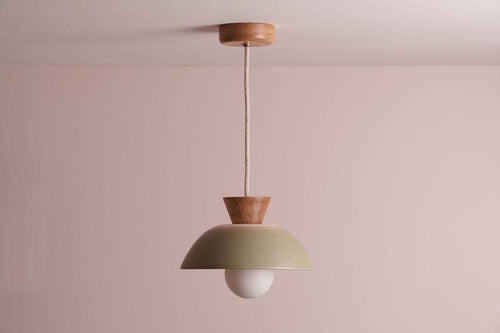 Green Small Dawn Pendant Light in Ceramic and Oak by StudioHaran