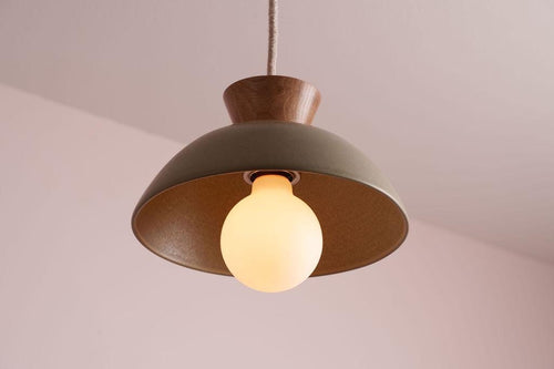 Green Small Dawn Pendant Light in Ceramic and Oak by StudioHaran