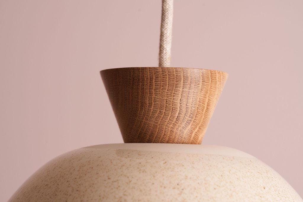 Speckled Cream Gloss Small Dawn Pendant Light in Ceramic and Oak by StudioHaran