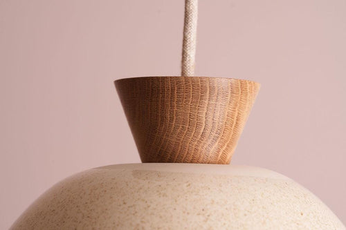 Speckled Cream Gloss Small Dawn Pendant Light in Ceramic and Oak by StudioHaran