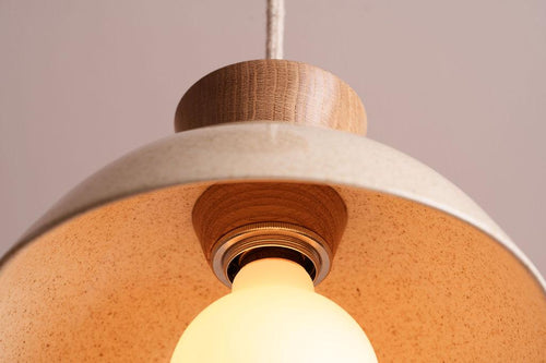Speckled Cream Gloss Small Dawn Pendant Light in Ceramic and Oak by StudioHaran