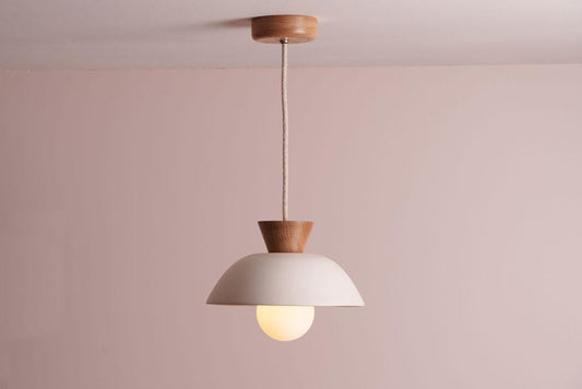 White Small Dawn Pendant Light in Ceramic and Oak by StudioHaran