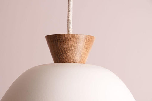 White Small Dawn Pendant Light in Ceramic and Oak by StudioHaran