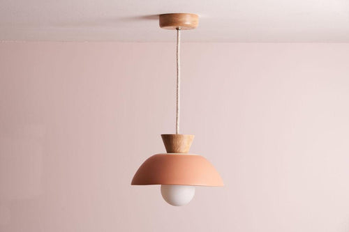 Terracotta Small Dawn Pendant Light in Ceramic and Oak by StudioHaran