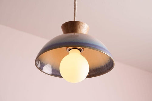 Blue and White Small Dawn Pendant Light in Ceramic and Oak by StudioHaran