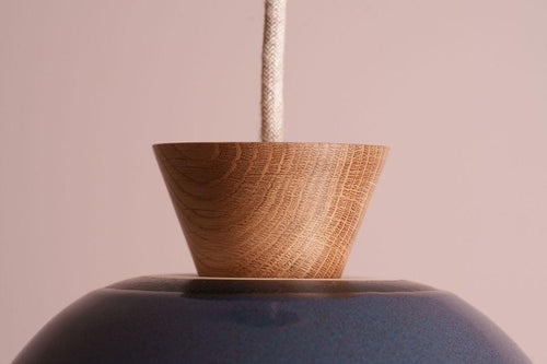 Blue Small Dawn Pendant Light in Ceramic and Oak by StudioHaran