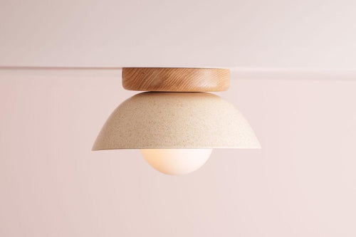 Speckled Cream Gloss Small Dawn Ceiling Light in Ceramic and Oak by StudioHaran