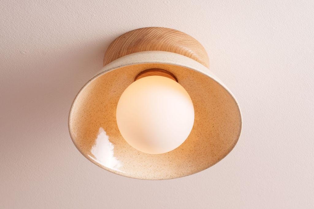 Speckled Cream Gloss Small Dawn Ceiling Light in Ceramic and Oak by StudioHaran