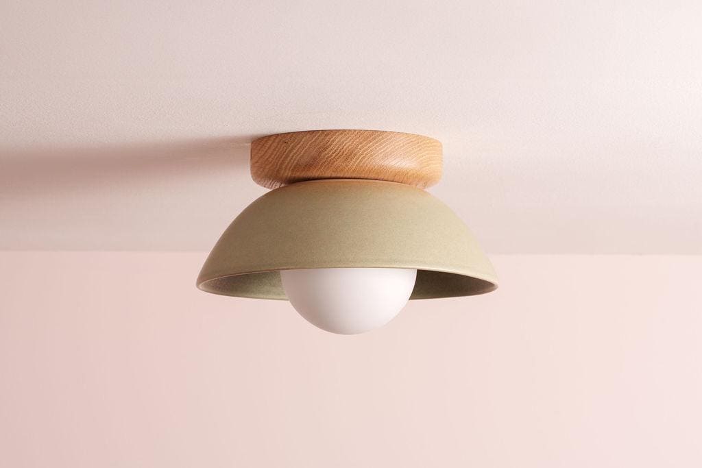 Green Small Dawn Ceiling Light in Ceramic and Oak by StudioHaran