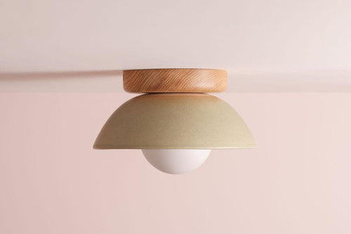Green Small Dawn Ceiling Light in Ceramic and Oak by StudioHaran