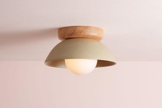 Green Small Dawn Ceiling Light in Ceramic and Oak by StudioHaran