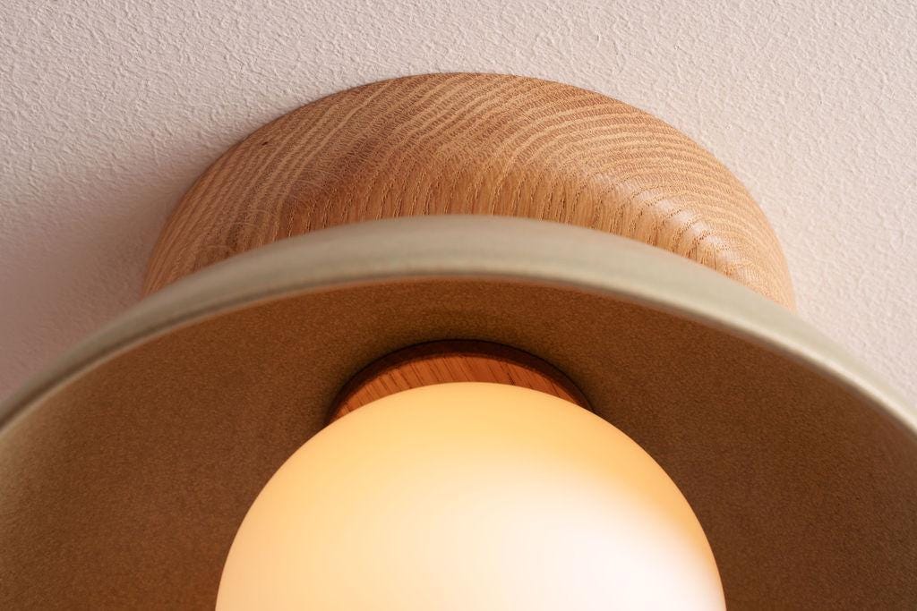 Green Small Dawn Ceiling Light in Ceramic and Oak by StudioHaran