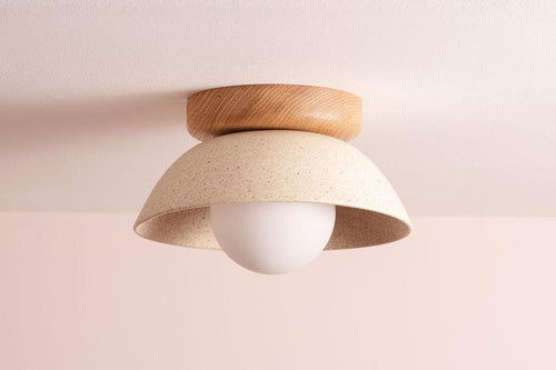Speckled Cream Matt Small Dawn Ceiling Light in Ceramic and Oak by StudioHaran