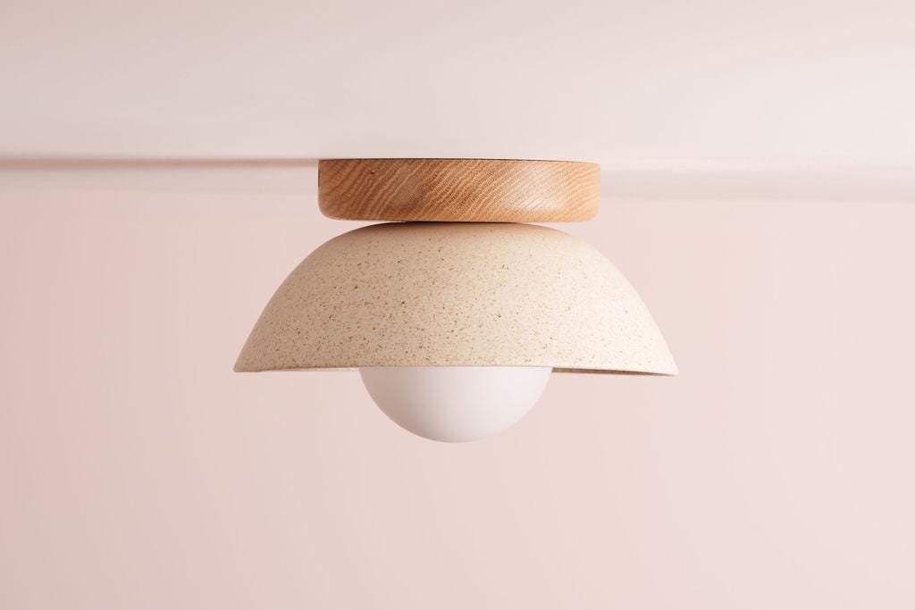Speckled Cream Matt Small Dawn Ceiling Light in Ceramic and Oak by StudioHaran