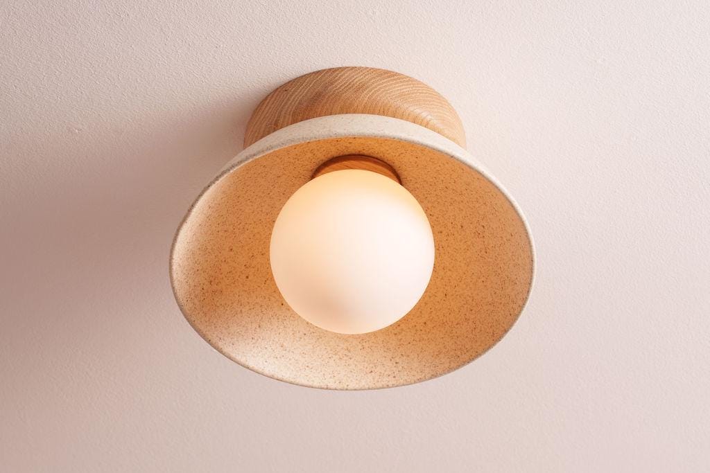 Speckled Cream Matt Small Dawn Ceiling Light in Ceramic and Oak by StudioHaran
