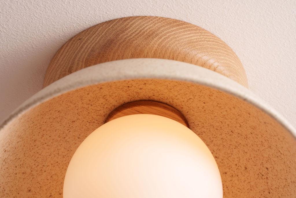 Speckled Cream Matt Small Dawn Ceiling Light in Ceramic and Oak by StudioHaran