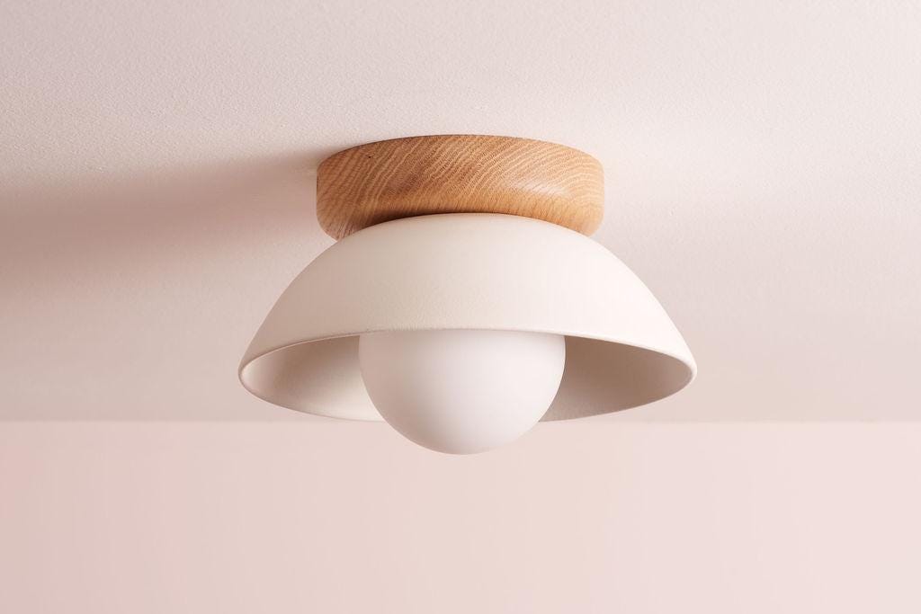 White Small Dawn Ceiling Light in Ceramic and Oak by StudioHaran