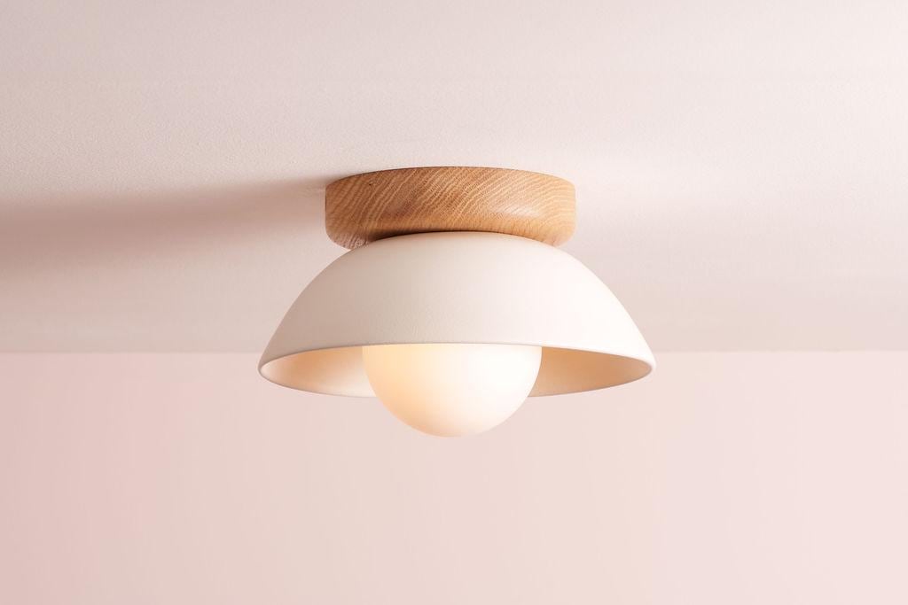 White Small Dawn Ceiling Light in Ceramic and Oak by StudioHaran