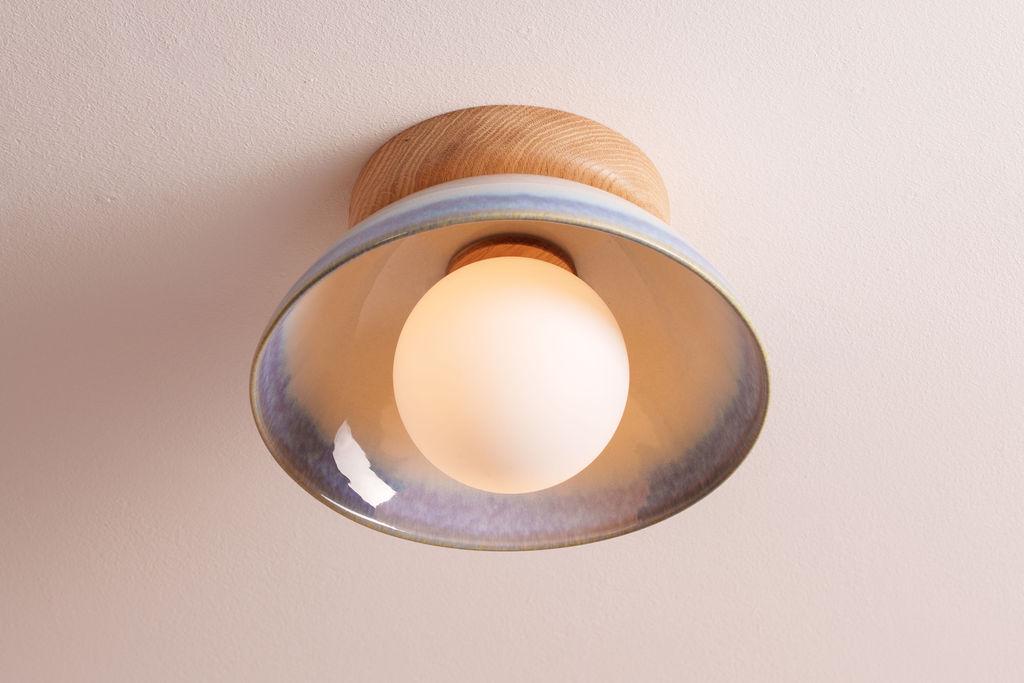 Blue and White Small Dawn Ceiling Light in Ceramic and Oak by StudioHaran