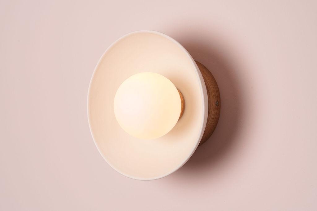 White Small Dawn Wall Light in Ceramic and Oak by StudioHaran