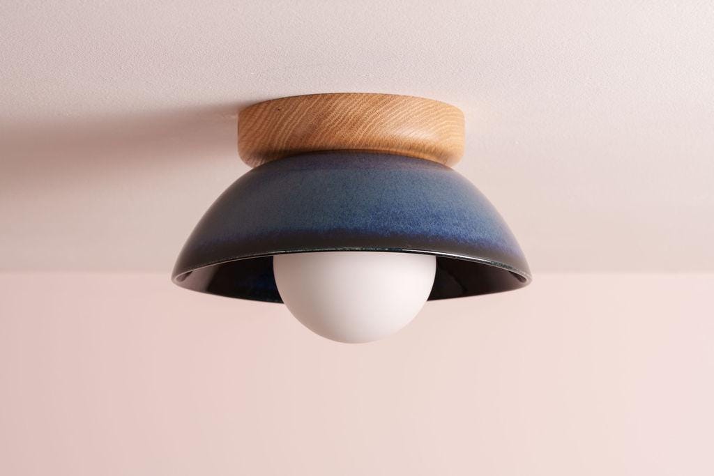 Blue Small Dawn Ceiling Light in Ceramic and Oak