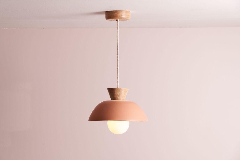 Terracotta Small Dawn Pendant Light in Ceramic and Oak