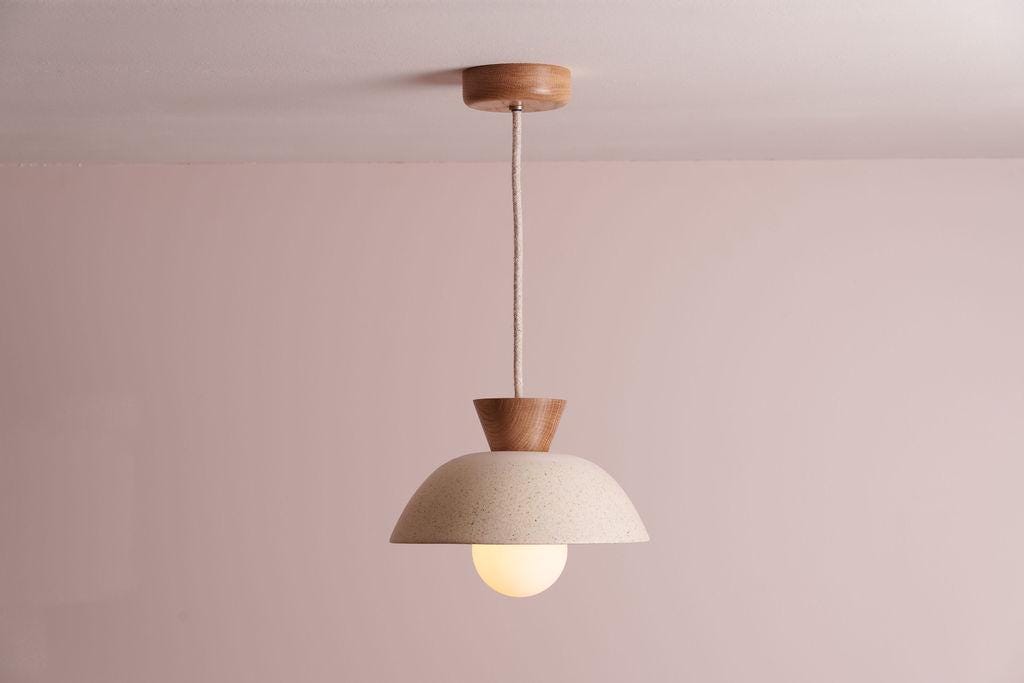 Speckled Cream Matt Small Dawn Pendant Light in Ceramic and Oak