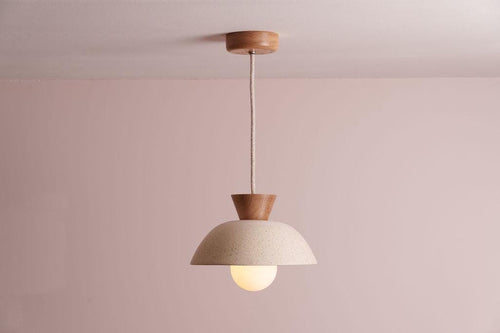 Speckled Cream Matt Small Dawn Pendant Light in Ceramic and Oak by StudioHaran