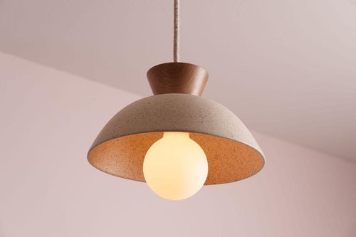 Speckled Cream Matt Small Dawn Pendant Light in Ceramic and Oak by StudioHaran