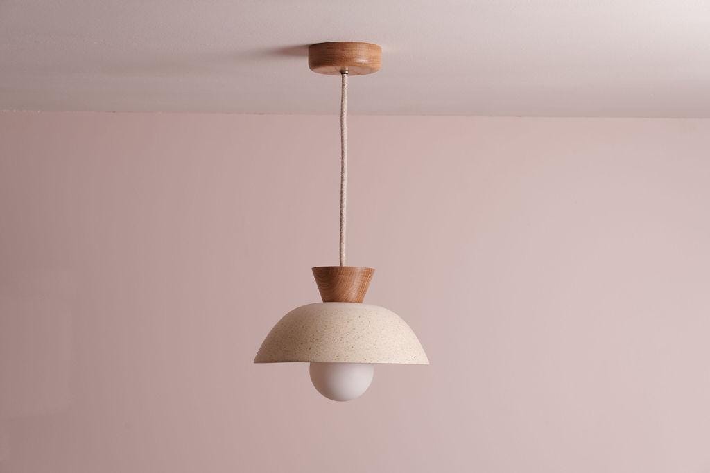 Speckled Cream Matt Small Dawn Pendant Light in Ceramic and Oak by StudioHaran