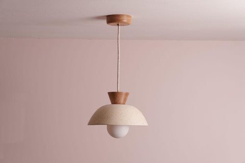 Speckled Cream Matt Small Dawn Pendant Light in Ceramic and Oak by StudioHaran
