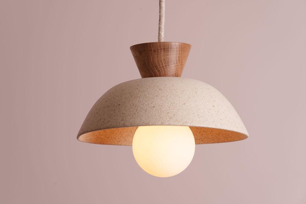 Speckled Cream Matt Small Dawn Pendant Light in Ceramic and Oak by StudioHaran