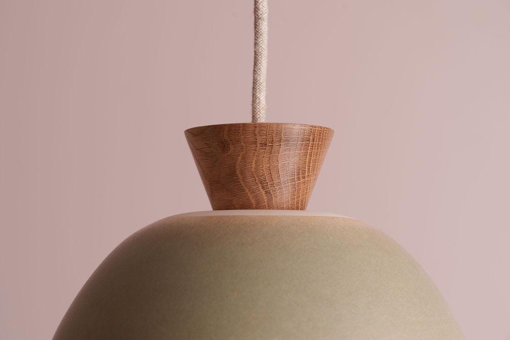Green Small Dawn Pendant Light in Ceramic and Oak by StudioHaran