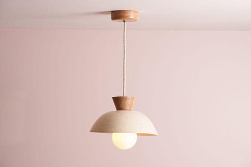 Speckled Cream Gloss Small Dawn Pendant Light in Ceramic and Oak by StudioHaran