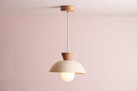 Speckled Cream Gloss Small Dawn Pendant Light in Ceramic and Oak