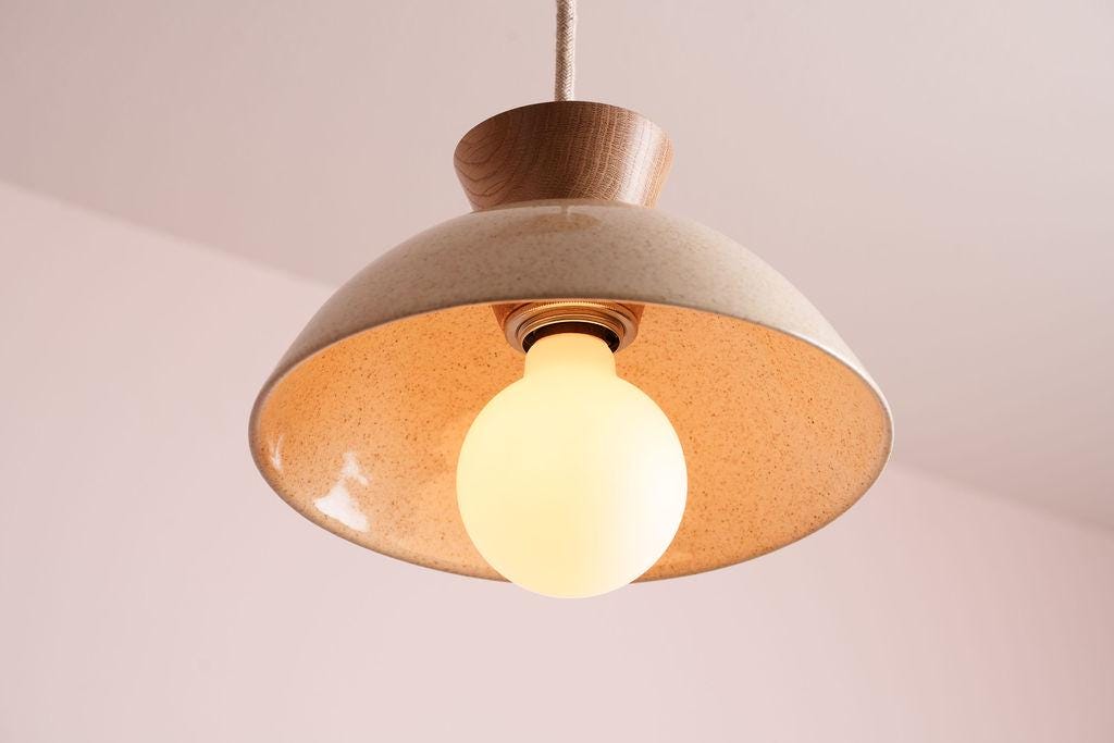 Speckled Cream Gloss Small Dawn Pendant Light in Ceramic and Oak by StudioHaran