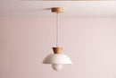 White Small Dawn Pendant Light in Ceramic and Oak by StudioHaran