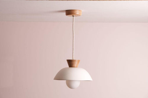White Small Dawn Pendant Light in Ceramic and Oak by StudioHaran