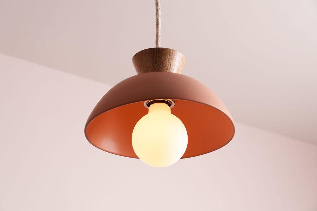Terracotta Small Dawn Pendant Light in Ceramic and Oak by StudioHaran