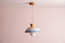 Blue and White Small Dawn Pendant Light in Ceramic and Oak by StudioHaran