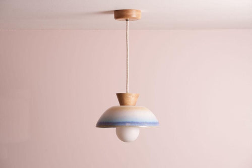 Blue and White Small Dawn Pendant Light in Ceramic and Oak by StudioHaran