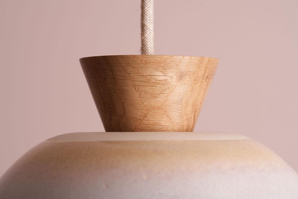 Blue and White Small Dawn Pendant Light in Ceramic and Oak by StudioHaran
